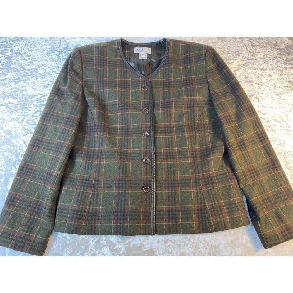 Vintage Pendleton Womens 8 Wool Plaid Blazer Green Leather Trim Equestrian
